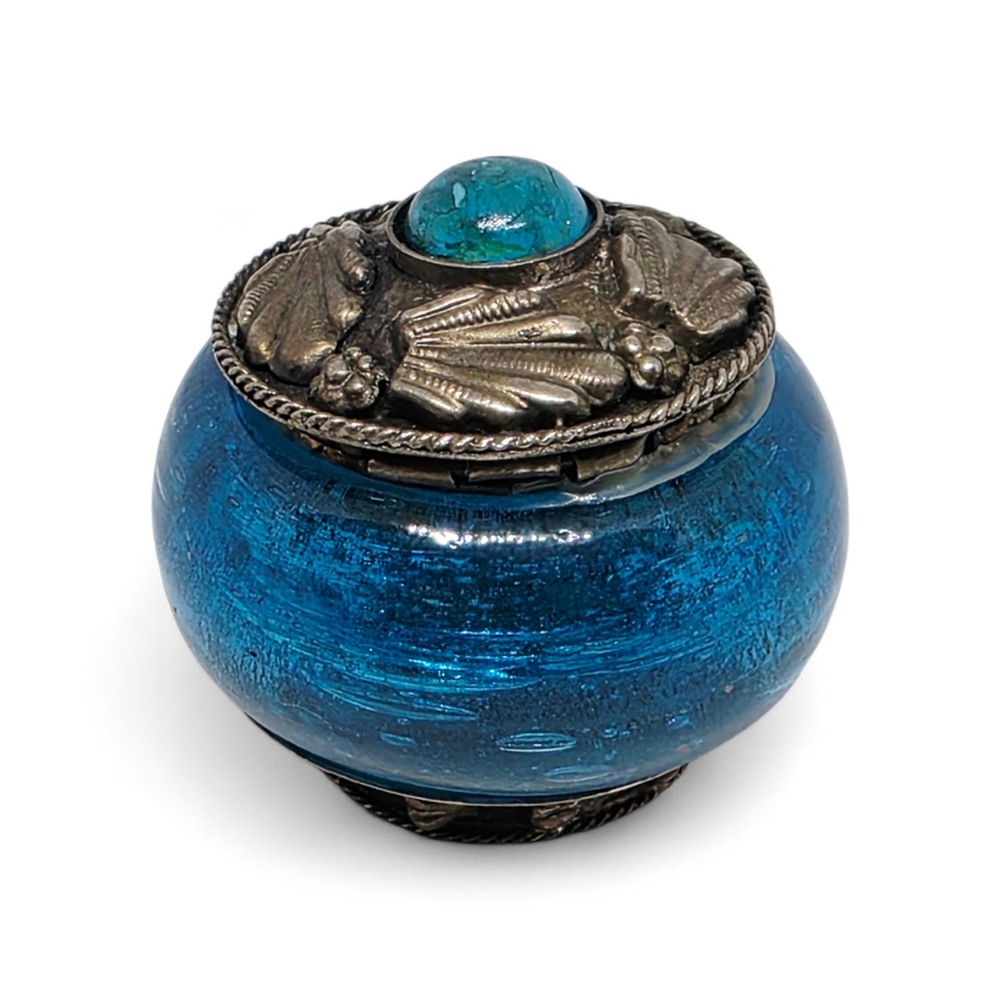 Vintage Blue Glass  and Metal Trinket Box